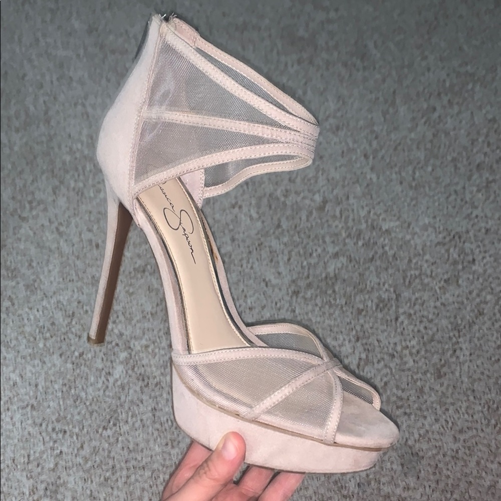 Jessica Simpson Cream Heels with Geometric Straps